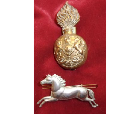 2nd Dragoons (Royal Scots Greys) Bear-skin type hat badges, two (Gilding metal) Slider, this has a mount for a white plume to