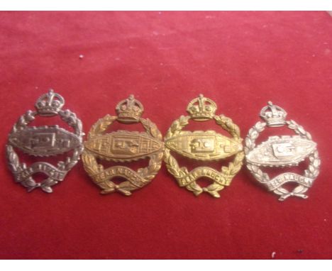 Royal Tank Regiment Cap Badges, four variants including: K&amp;K: 1921 WWI Other Ranks (Gilt) with left facing tank, K&amp;K: