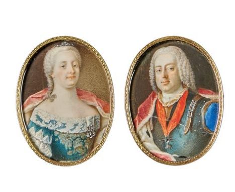 Miniaturpendants von Maria Theresia und Franz. I. 18. Jh. Ovaler Bildausschnitt mit sehr fein ausgeführten Portraits des Herr