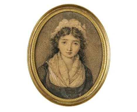 Portrait eines jungen Mädchens Anf. 19. Jh. Im Oval Bildnis eines Mädchens mit lockigem Haar. Kreide/Karton. 10 x 12,5 cm.Kin