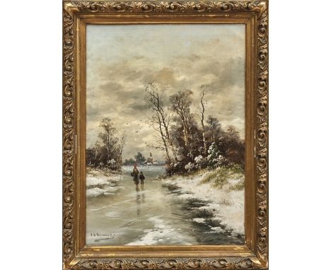Jungblut, Johann Winterlandschaft mit Heimkehrern auf vereistem Flusslauf (Saarburg 1860-1912 Düsseldorf) Öl/Lwd. Links unten