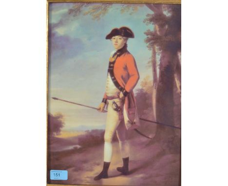 An unusual large picture on ceramic tile of a red coat soldier holding a spear being set within an ornate oversized gilt fram