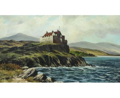 T R Sanderson (20th century): oil on board, Duart Castle Isle of Mull, with gifting letter verso, 60 x 40 cm. P&amp;P Group 3