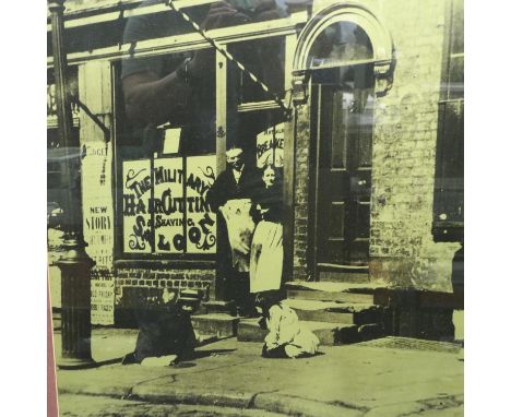A large sepia photographic print, The Military Hair Cutting and Shaving Saloon, 60 x 50 cm. Not available for in-house P&amp;