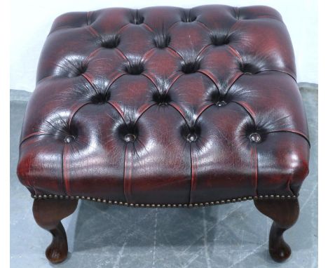 Red leather Chesterfield style button stool on cabriole supports. Not available for in-house P&amp;P, contact Paul O'Hea at M