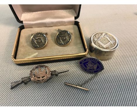Silver Masonic pill box, Heavy silver Masonic cuff links, Grand lodge of Ireland silver and enamel badge and military silver 