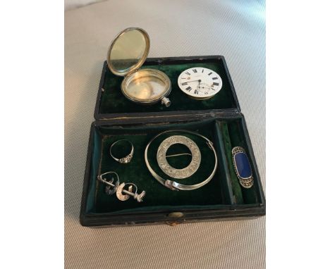 Victorian jewellery box containing Silver cased pocket watch (needs attention), Celtic design silver brooch, Silver bangle an