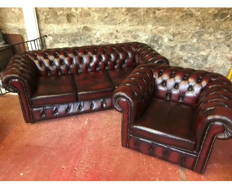 Ox Blood button back chestfield 3 seat couch and single tub chair 