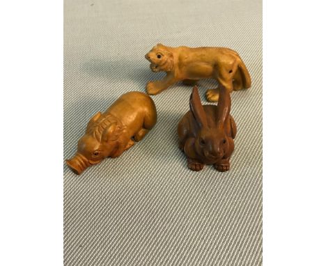3 Animal carved Netsuke figures, all signed to the bases 