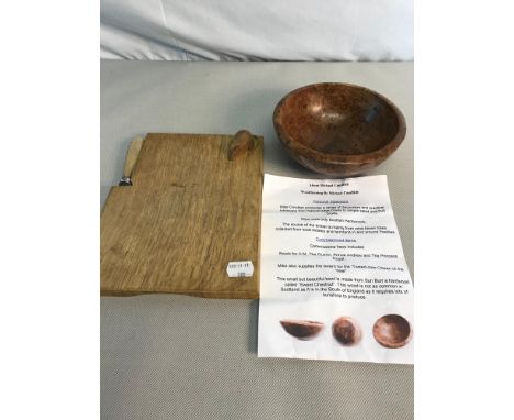 Michael Candlish signed Elm Burr bowl, 6x16cm, together with possible Mouseman cheese board and knife 