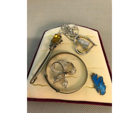 Collection of silver jewellery to include silver and enamel Scotland pendant, Bangle, Scottish brooch with citrine stone sett