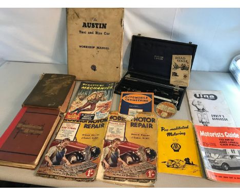 A Collection of vintage motoring Repair manuals, The Austin Taxi & Hire Car workshop manual & along with 2 Bibles. 