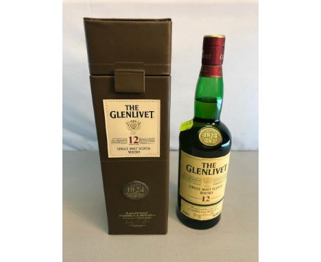 The Glenlivet 12 years of age single malt scotch whisky with leather presentation box. Full & sealed. 