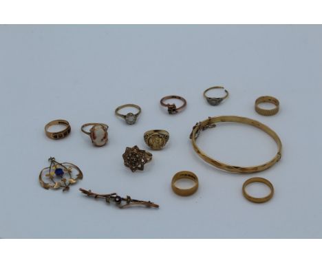 A collection of gold and yellow metal jewellery, much as found. Comprising two 22ct gold rings, weight&nbsp;approximately 9.1