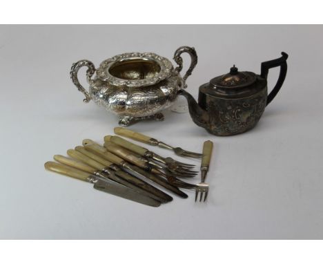 A Victorian silver plated Batchelor's teapot, a white metal twin handled lobed sugar basin and a set of six early 19th centur