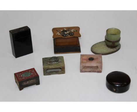 A group of small collectors items including jade match box cages, French boxwood vesta, tortoiseshell cigarette case, cinnaba