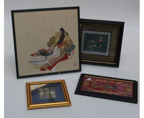 Two framed 20th century Chinese silkworks, a Japanese watercolour of a Geisha in flowing kimono and a gilt thread patch embro