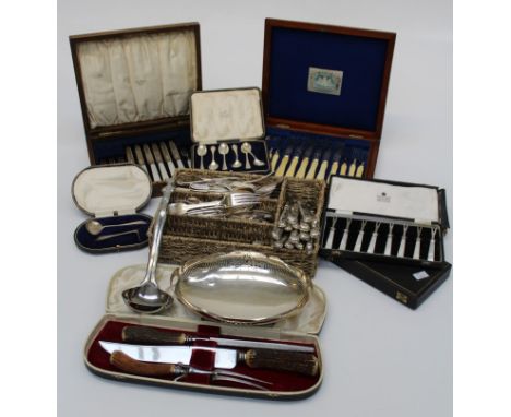 Garrard, two cased sets of eight stainless steel, mother of pearl handled h'ors 'oeuvres forks, a cased set of six silver and