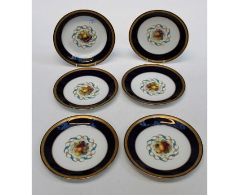 A Royal Worcester fruit painted part dessert service comprising a 23cm dish and five plates, each decorated with autumn fruit