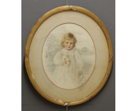 Miss Florence Hannam ( Fl. 1890-1900) Three quarter length portrait of a young fair haired girl holding pet rabbit and bonnet
