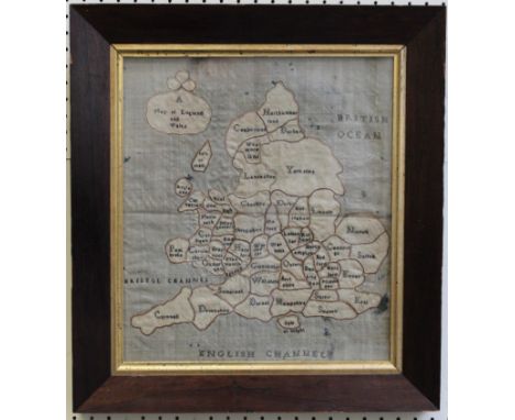 A late 18th/early 19th century embroidered and needlework map of England and Wales in rosewood frame, minor losses, 35 x 30cm