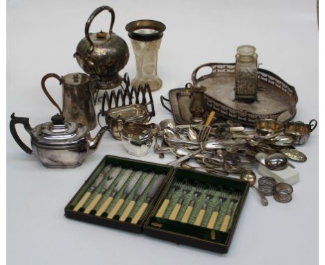 A good mixed lot of Victorian and later EPNS, including spirit kettle, entr&eacute;e dishes, flatware, trays, tea service and