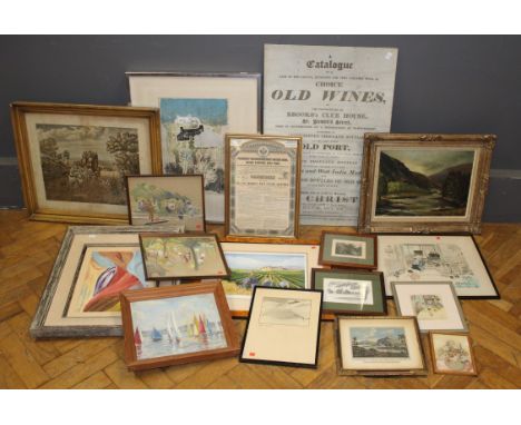 A quantity of framed prints, including coloured woodblocks after Sanzo Wada, engravings, unframed amateur oil portrait and la