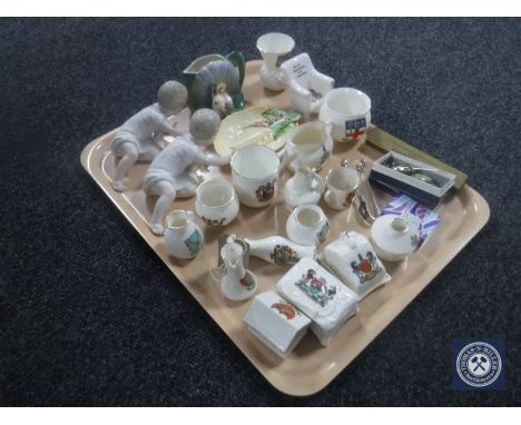 A tray containing two bisque figures of children, Carlton ware shallow dish and butter knife, Goss, tourist china, costume br