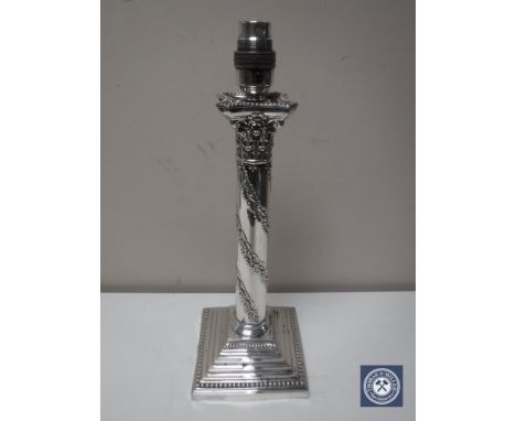 A late nineteenth century silver plated Corinthian column table lamp base