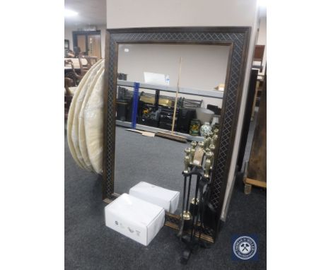 A contemporary framed mirror together with a fire companion set and a box containing basin mixer tap