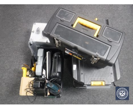 A rolling tool chest together with a too box, aluminium case and a caddy containing assorted power tools and hand tools