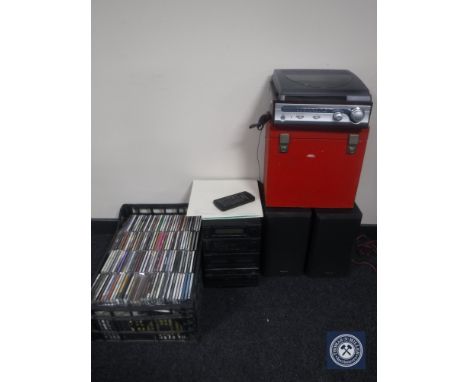 A Panasonic hifi system together with a portable record player, case of classical LP's and a case of assorted CD's
