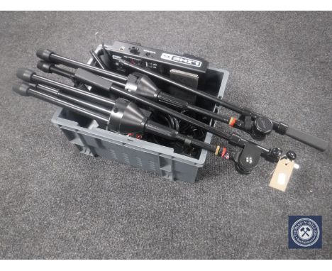 A box containing two Stagg microphone stands, FBV Express Mk II control pedal, cordless microphones, leads etc