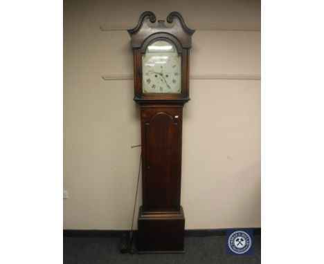 A George III oak eight day longcase clock with painted dial signed John Brown, Aberdeen, with two weights and pendulum, heigh