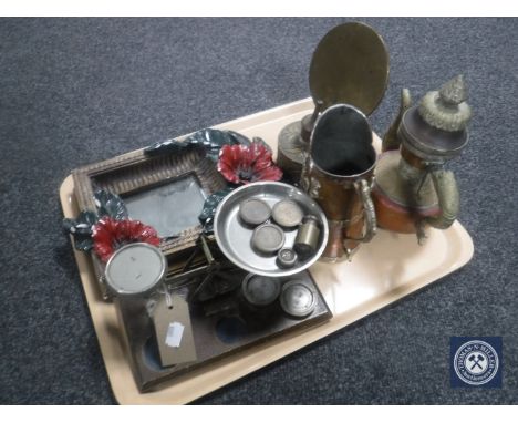 A tray of postal scales with weights, gilt and chalk framed mirror, Eastern style teapot and jug, miniature folding brass top