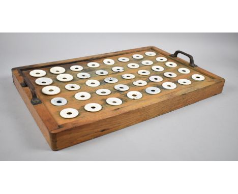 A Late 19th/Early 20th Century School Inkwell Tray with Forty Ceramic Inkwells, Brass Carry Handles, 53x34cm 
