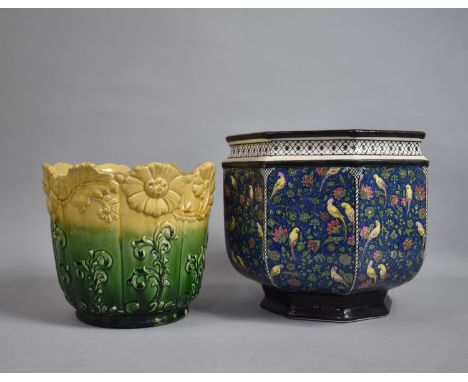 An Edwardian Royal Doulton Octagonal Jardiniere Decorated with Budgerigars, Hairline Crack, 30cm Diameter and 27cm high Toget