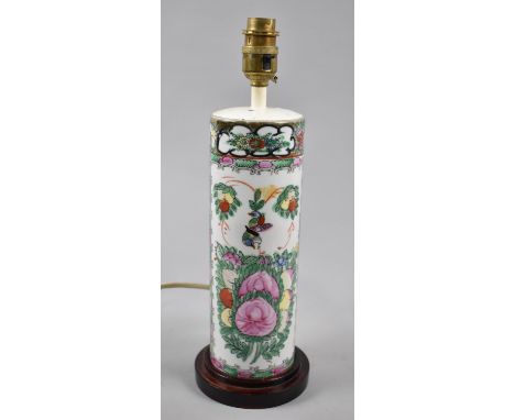 A Late 20th Century Chinese Cylindrical Table Lamp with Floral Bird Decoration in the Famille Rose Palette, 34cm High 