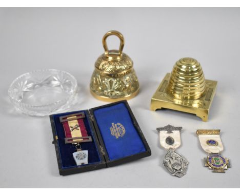 A Collection of Masonic Items to Include Brass Beehive Inkwell, Small Handbell, Jewels and Glass Dish 