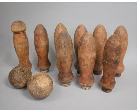 A Set of Vintage Pub Skittles to Comprise Nine Willow Pins, Including Kingpin Plus Two Large Balls 