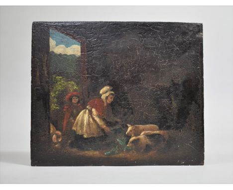 A 19th Century Naive Oil on Wooden Panel, English Folk Art, Farm Scene with Lady Feeding Piglets in Stable Beside Donkey Whil