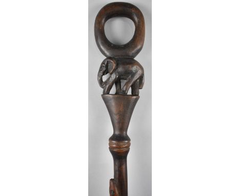 A Carved Wooden African Walking Stick with Elephant and Snake Decoration 