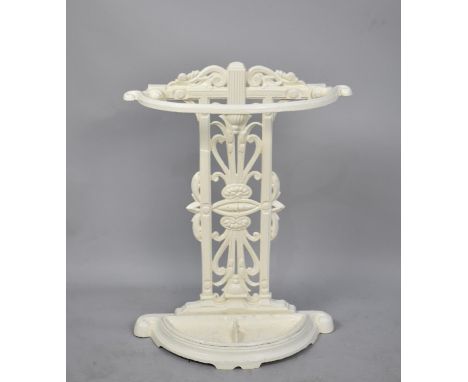 A White Painted Cast Iron Demi Lune Stick Stand, Registration Mark to Back, 49cm wide 