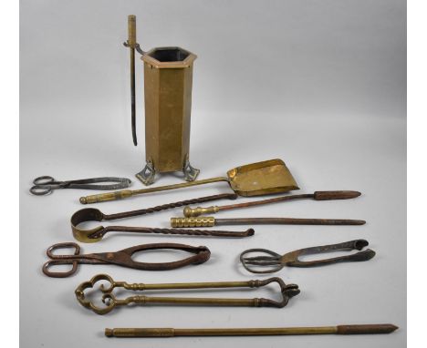 A Collection of Vintage Brass Fire Irons and Holder 