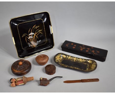 An Oriental Lacquered Box, Carved Wooden Lidded Box, Wine Saver Corks, Pipe etc 