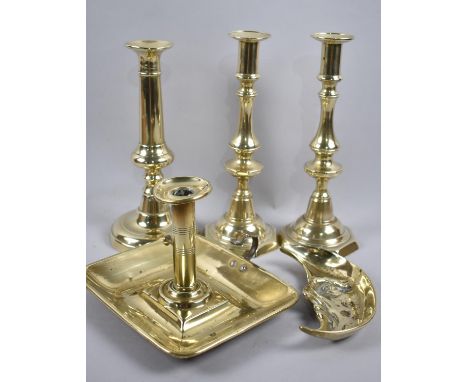 A Collection of Brasswares to Include Pair of Candlesticks, Bed Chamber Stick, Single Candlestick and Moon Shaped Bowl 