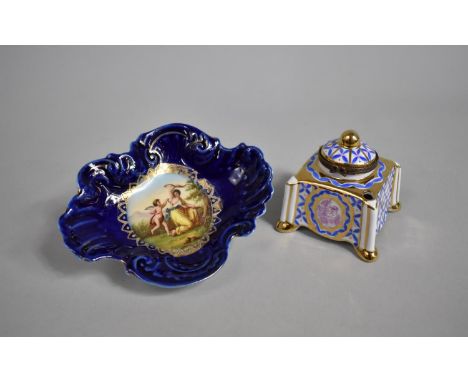 A Royal Vienna Cobalt Blue Bordered Pin Dish Together with a Limoges Porcelain Inkwell, Lid Requires Attention 
