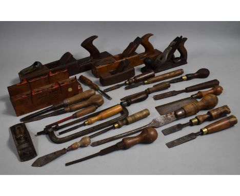 A Collection of Various Work Tools to include Planes to include Record, Wooden Handled Chisels Etc 