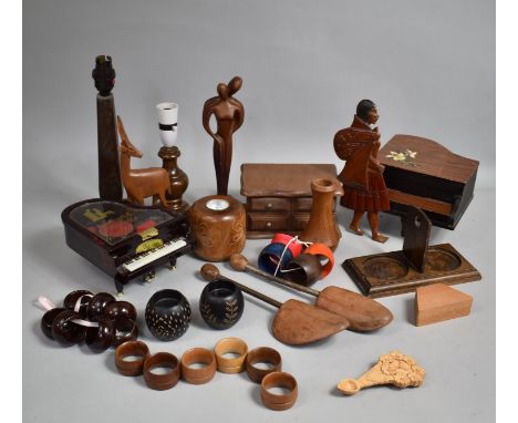 A Collection of Various Treen to comprise Musical Boxes, Table Lamp Bases, Animal Ornaments Etc 