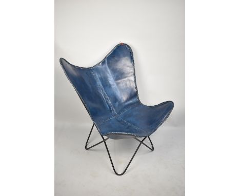 A Vintage Mid 20th Century Blue Leather Butterfly Chair on Metal Frame 